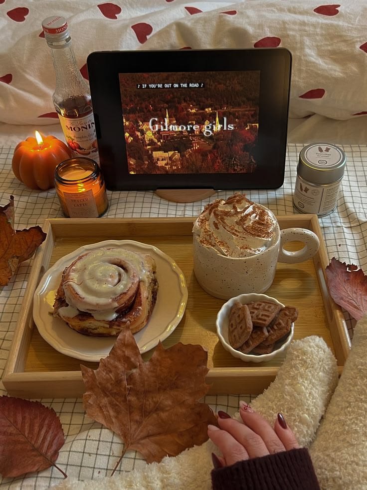 In bed with seasonal snacks and TV show